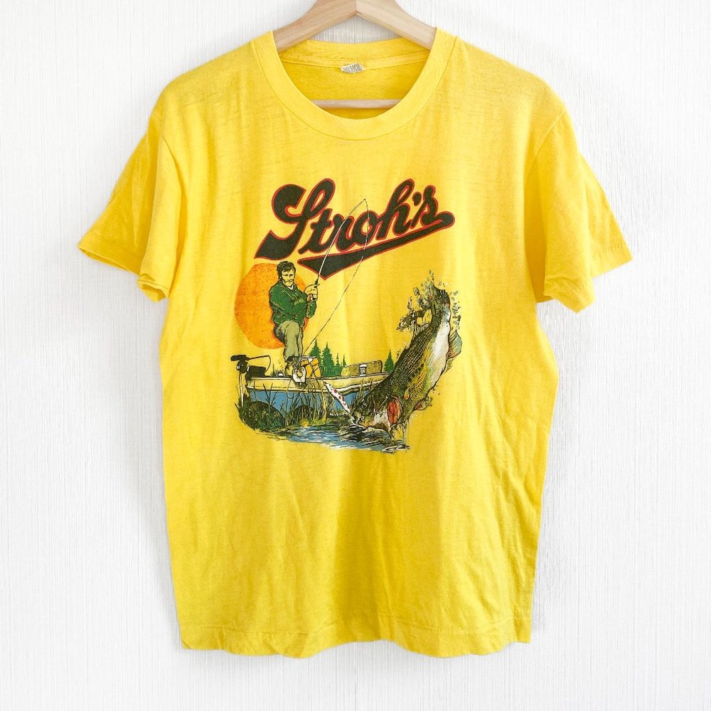 Stroh’s Vintage Tee Bass Fishing Cotton Men’s Small Women’s Large Medium